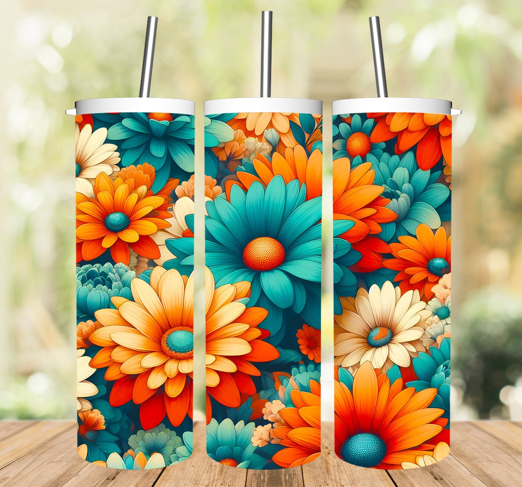 Orange and Teal Flowers Tumbler