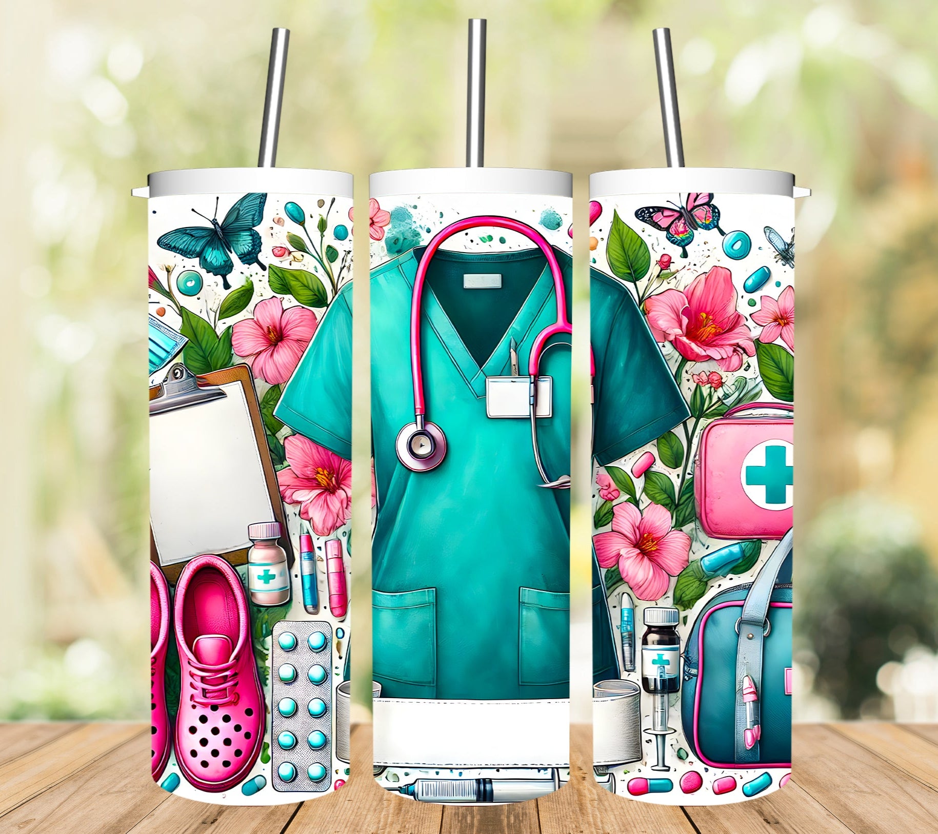 Nurse - Turquoise Scrubs with Pink Flowers Tumbler